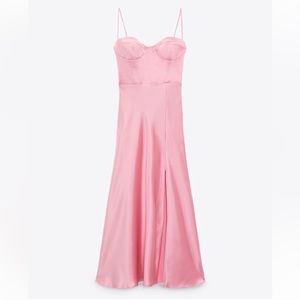 Valentine’s day Pink Satin Silk Zara Maxi Dress Sweetheart Slit Coquette NWOT